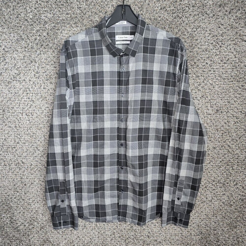 Calvin Klein Mens‎ Shirt Button Up XL Green Plaid Liquid Cotton Career